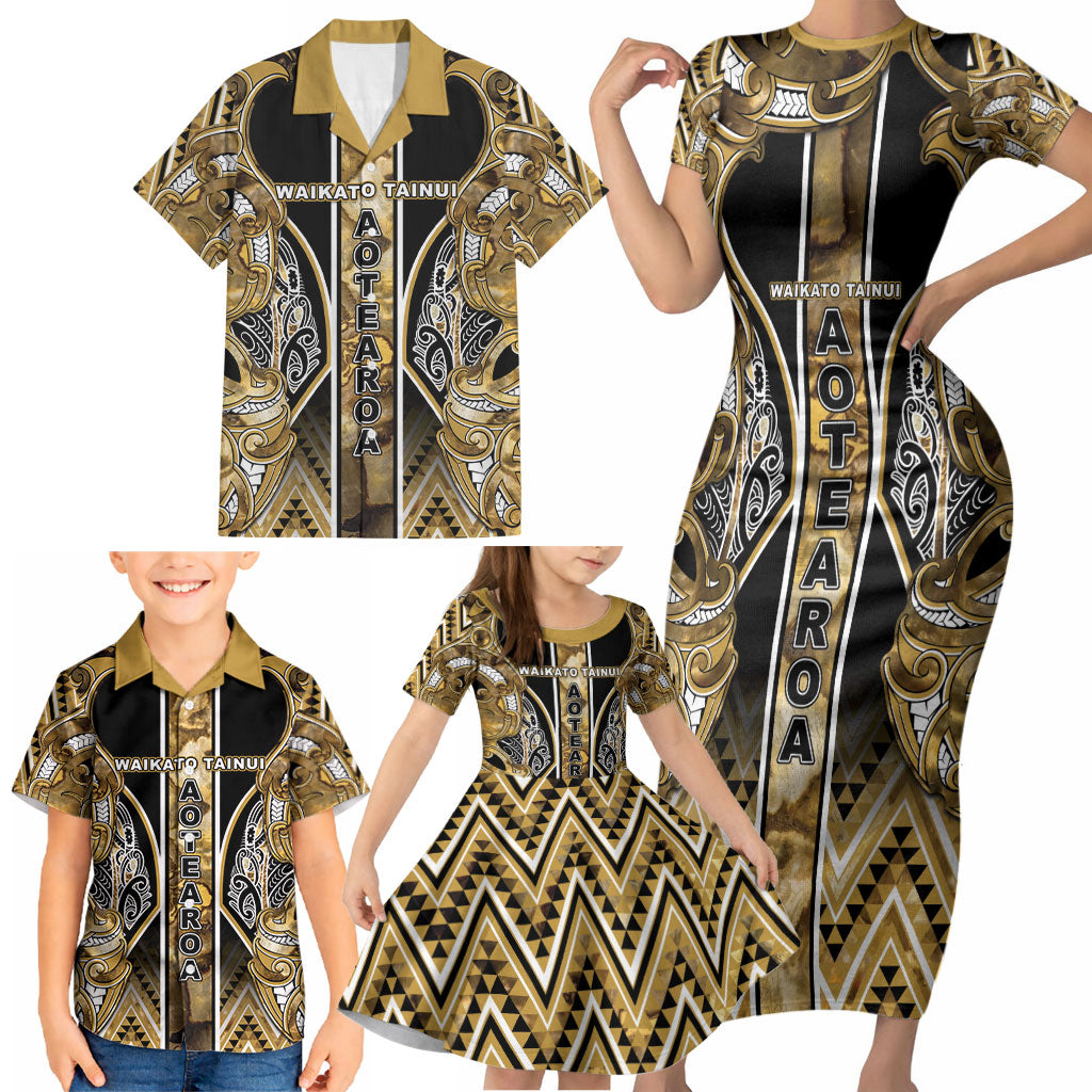 Aotearoa Waikato Tainui Family Matching Short Sleeve Bodycon Dress and Hawaiian Shirt Maori Light Gold Tribal Paua Shell Pattern DT05 - Polynesian Pride