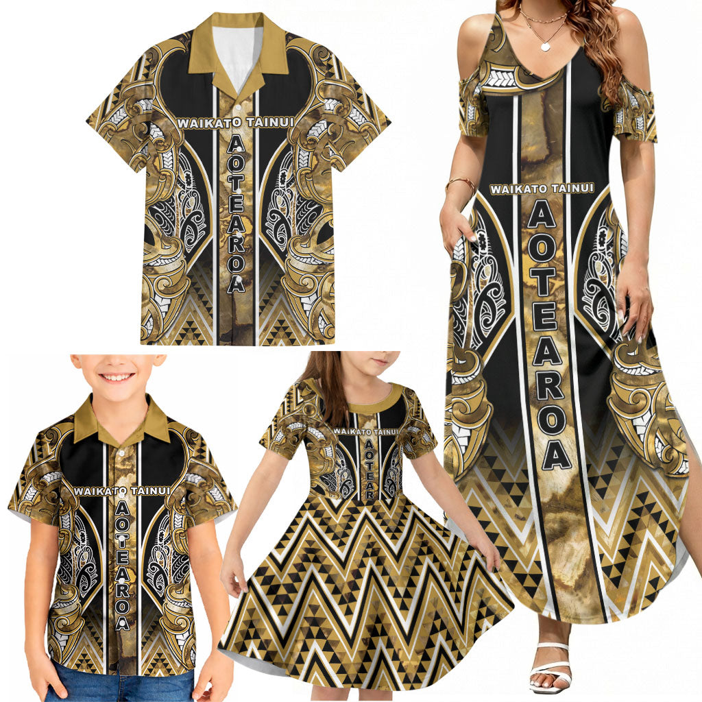 Aotearoa Waikato Tainui Family Matching Summer Maxi Dress and Hawaiian Shirt Maori Light Gold Tribal Paua Shell Pattern DT05 - Polynesian Pride
