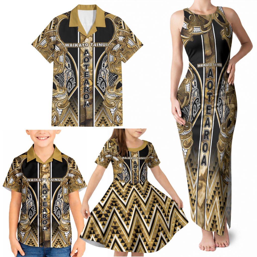 Aotearoa Waikato Tainui Family Matching Tank Maxi Dress and Hawaiian Shirt Maori Light Gold Tribal Paua Shell Pattern DT05 - Polynesian Pride
