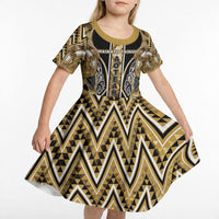 Aotearoa Waikato Tainui Kid Short Sleeve Dress Maori Light Gold Tribal Paua Shell Pattern DT05 - Polynesian Pride