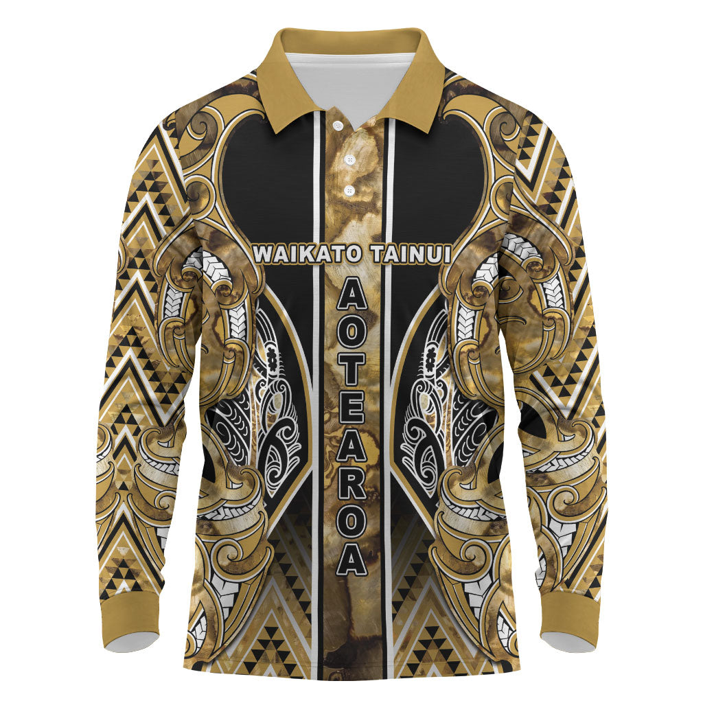 Aotearoa Waikato Tainui Long Sleeve Polo Shirt Maori Light Gold Tribal Paua Shell Pattern DT05 Yellow - Polynesian Pride