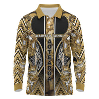 Aotearoa Waikato Tainui Long Sleeve Polo Shirt Maori Light Gold Tribal Paua Shell Pattern DT05 Yellow - Polynesian Pride