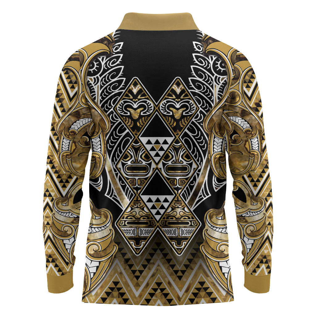 Aotearoa Waikato Tainui Long Sleeve Polo Shirt Maori Light Gold Tribal Paua Shell Pattern DT05 - Polynesian Pride