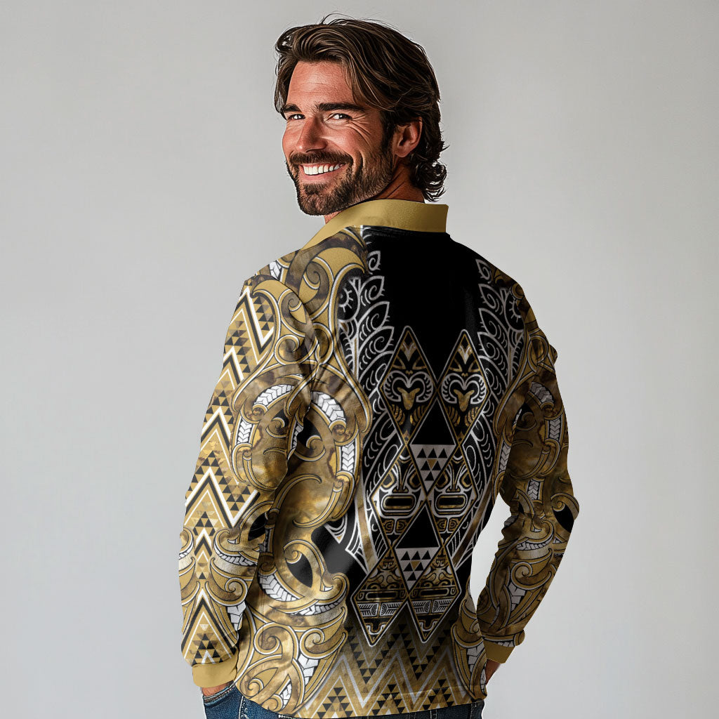 Aotearoa Waikato Tainui Long Sleeve Polo Shirt Maori Light Gold Tribal Paua Shell Pattern DT05 - Polynesian Pride