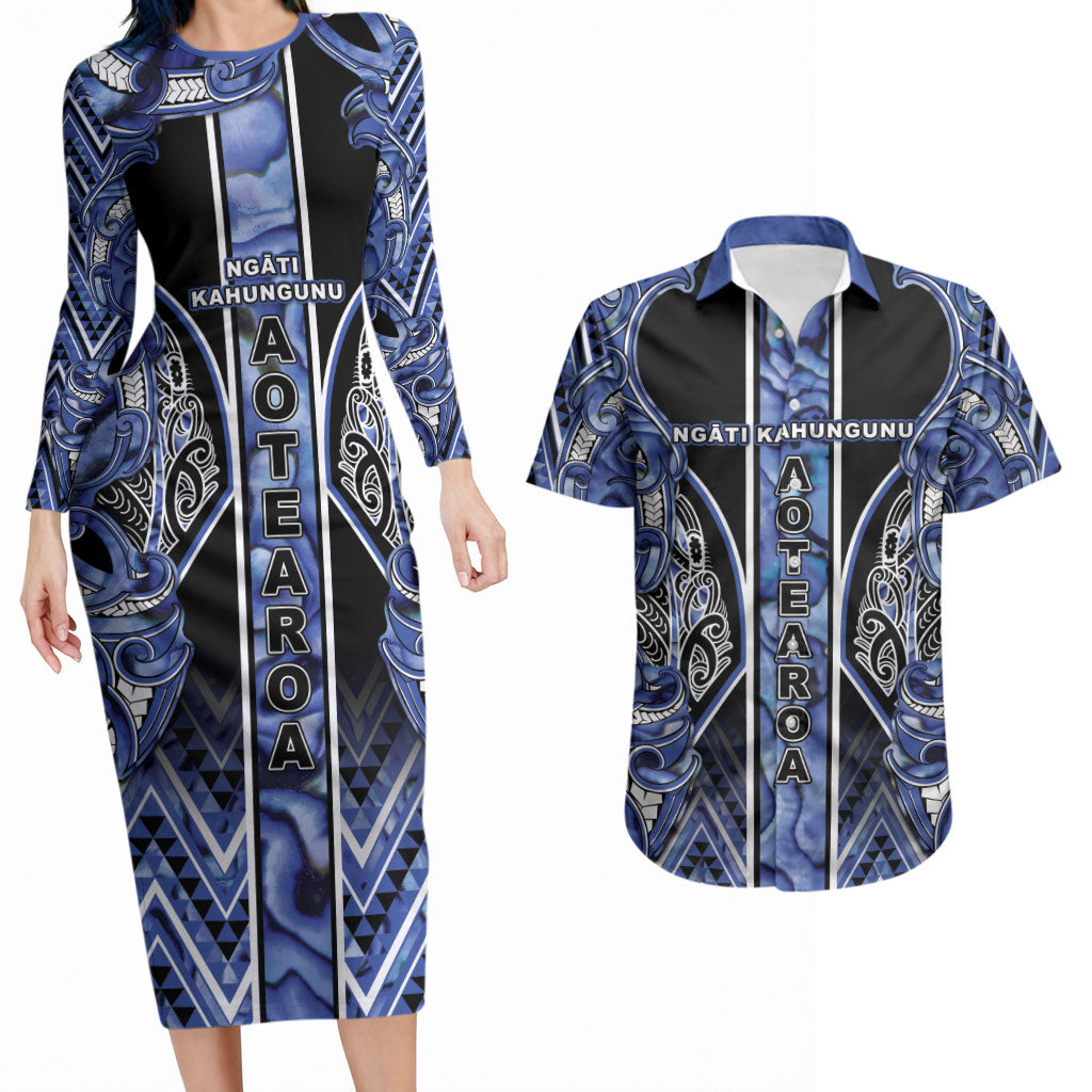 Aotearoa Ngati Kahungunu Couples Matching Long Sleeve Bodycon Dress and Hawaiian Shirt Maori Tribal Blue Paua Shell Pattern DT05 Blue - Polynesian Pride