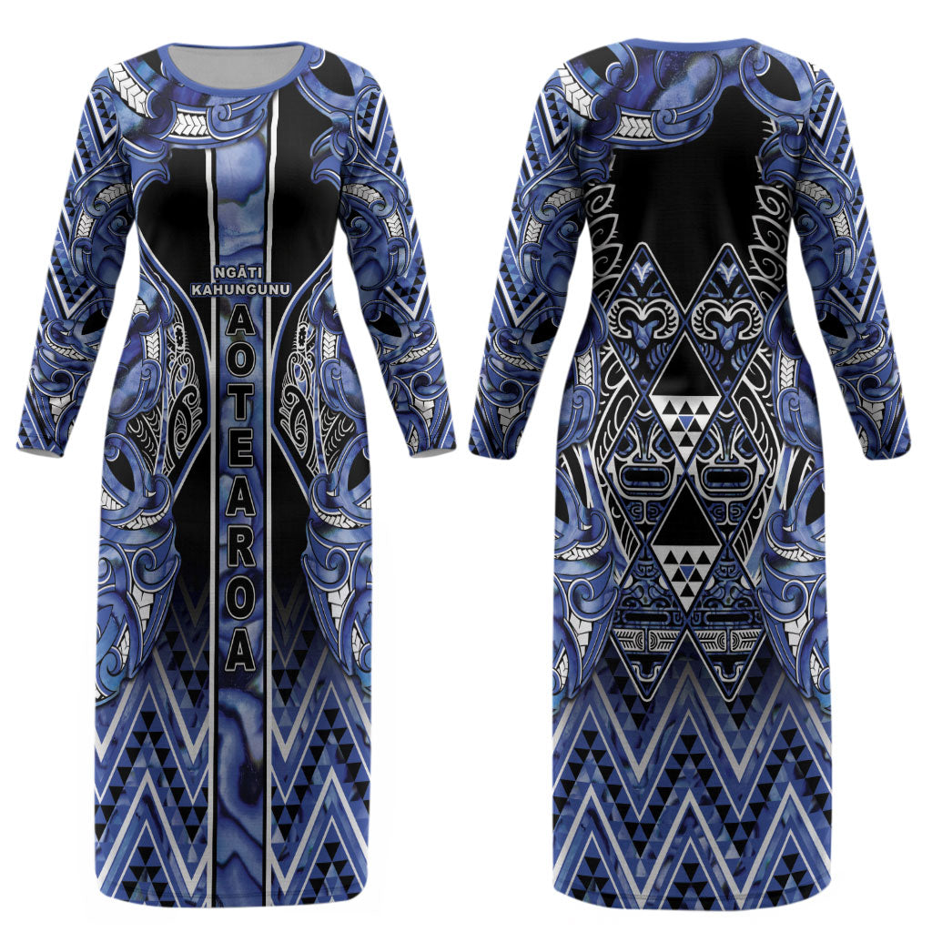 Aotearoa Ngati Kahungunu Couples Matching Long Sleeve Bodycon Dress and Hawaiian Shirt Maori Tribal Blue Paua Shell Pattern DT05 - Polynesian Pride