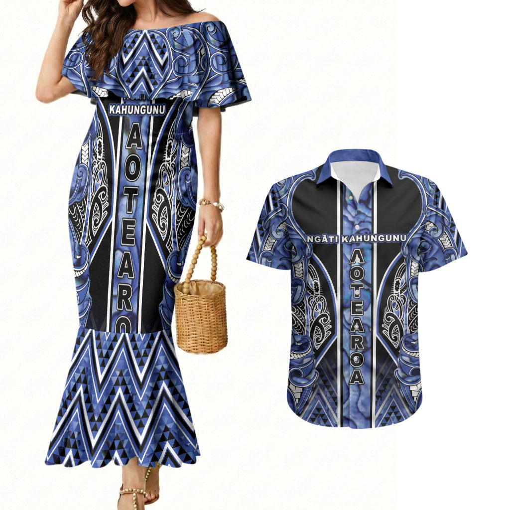 Aotearoa Ngati Kahungunu Couples Matching Mermaid Dress and Hawaiian Shirt Maori Tribal Blue Paua Shell Pattern DT05 Blue - Polynesian Pride