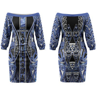 Aotearoa Ngati Kahungunu Couples Matching Off The Shoulder Long Sleeve Dress and Hawaiian Shirt Maori Tribal Blue Paua Shell Pattern DT05 - Polynesian Pride