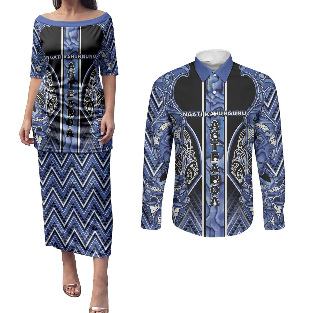 Aotearoa Ngati Kahungunu Couples Matching Puletasi and Long Sleeve Button Shirt Maori Tribal Blue Paua Shell Pattern