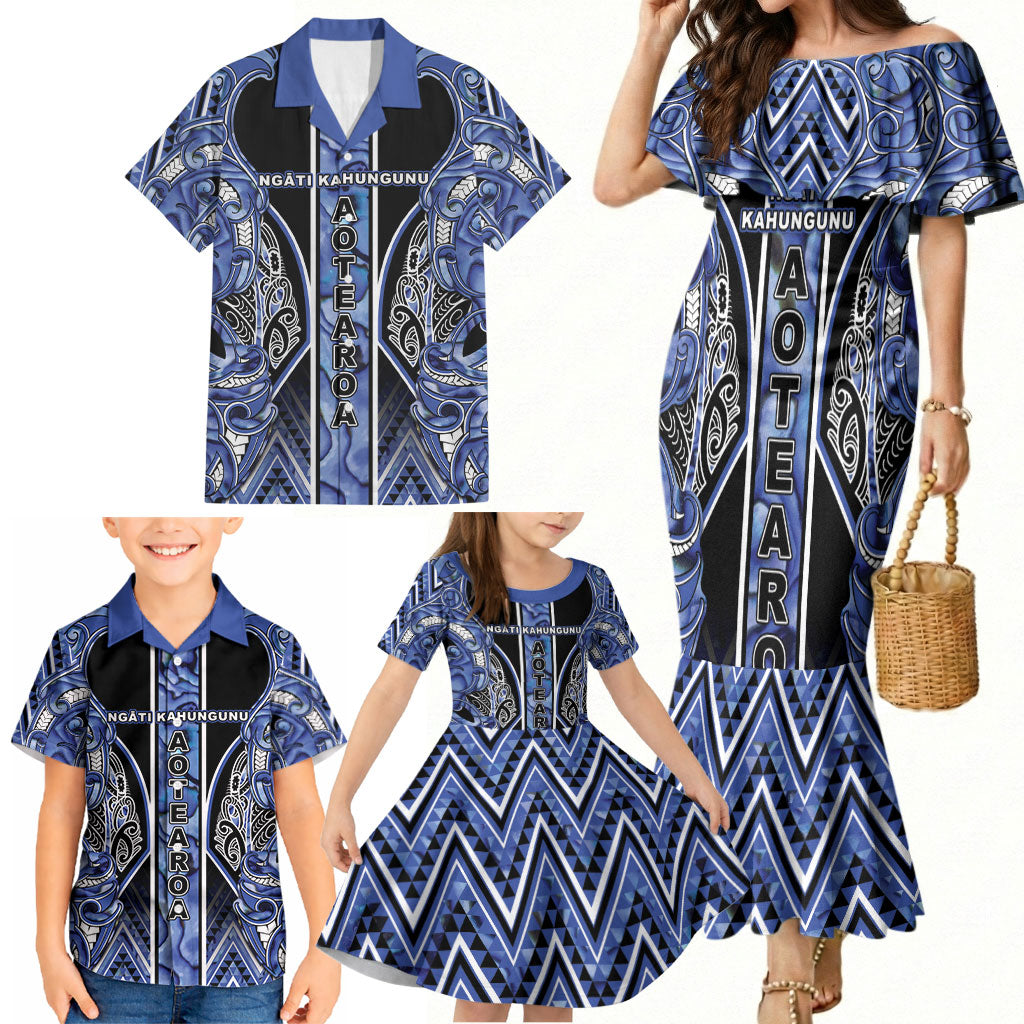 Aotearoa Ngati Kahungunu Family Matching Mermaid Dress and Hawaiian Shirt Maori Tribal Blue Paua Shell Pattern DT05 - Polynesian Pride