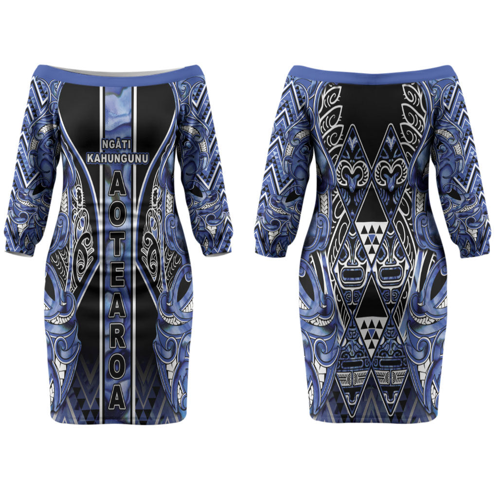 Aotearoa Ngati Kahungunu Family Matching Off The Shoulder Long Sleeve Dress and Hawaiian Shirt Maori Tribal Blue Paua Shell Pattern DT05 Mom's Dress Blue - Polynesian Pride