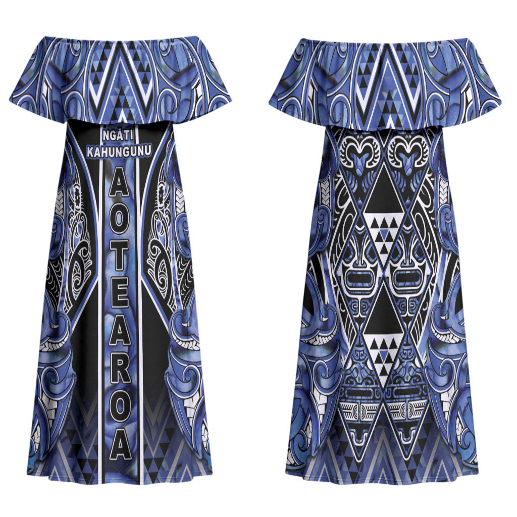 Aotearoa Ngati Kahungunu Family Matching Off Shoulder Maxi Dress and Hawaiian Shirt Maori Tribal Blue Paua Shell Pattern DT05 Mom's Dress Blue - Polynesian Pride