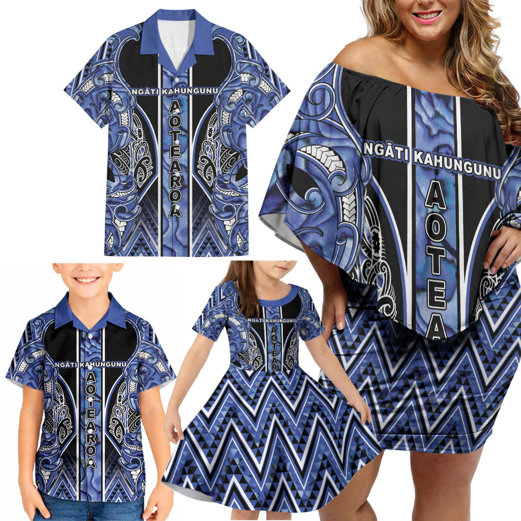 Aotearoa Ngati Kahungunu Family Matching Off Shoulder Short Dress and Hawaiian Shirt Maori Tribal Blue Paua Shell Pattern DT05 - Polynesian Pride
