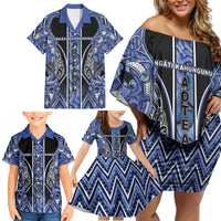 Aotearoa Ngati Kahungunu Family Matching Off Shoulder Short Dress and Hawaiian Shirt Maori Tribal Blue Paua Shell Pattern DT05 - Polynesian Pride
