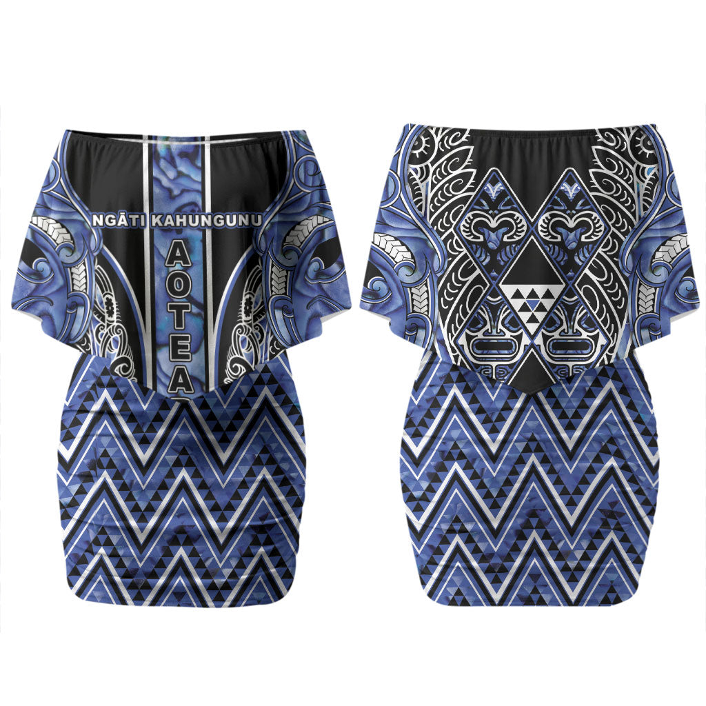 Aotearoa Ngati Kahungunu Family Matching Off Shoulder Short Dress and Hawaiian Shirt Maori Tribal Blue Paua Shell Pattern DT05 Mom's Dress Blue - Polynesian Pride