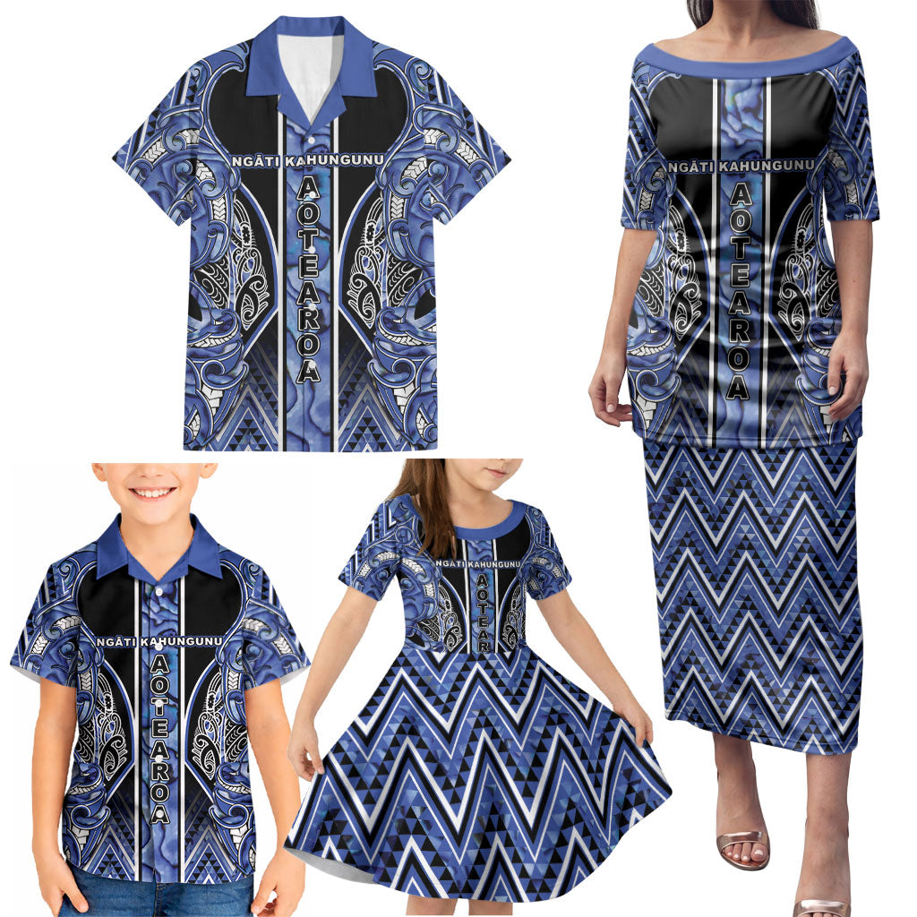 Aotearoa Ngati Kahungunu Family Matching Puletasi and Hawaiian Shirt Maori Tribal Blue Paua Shell Pattern DT05 - Polynesian Pride