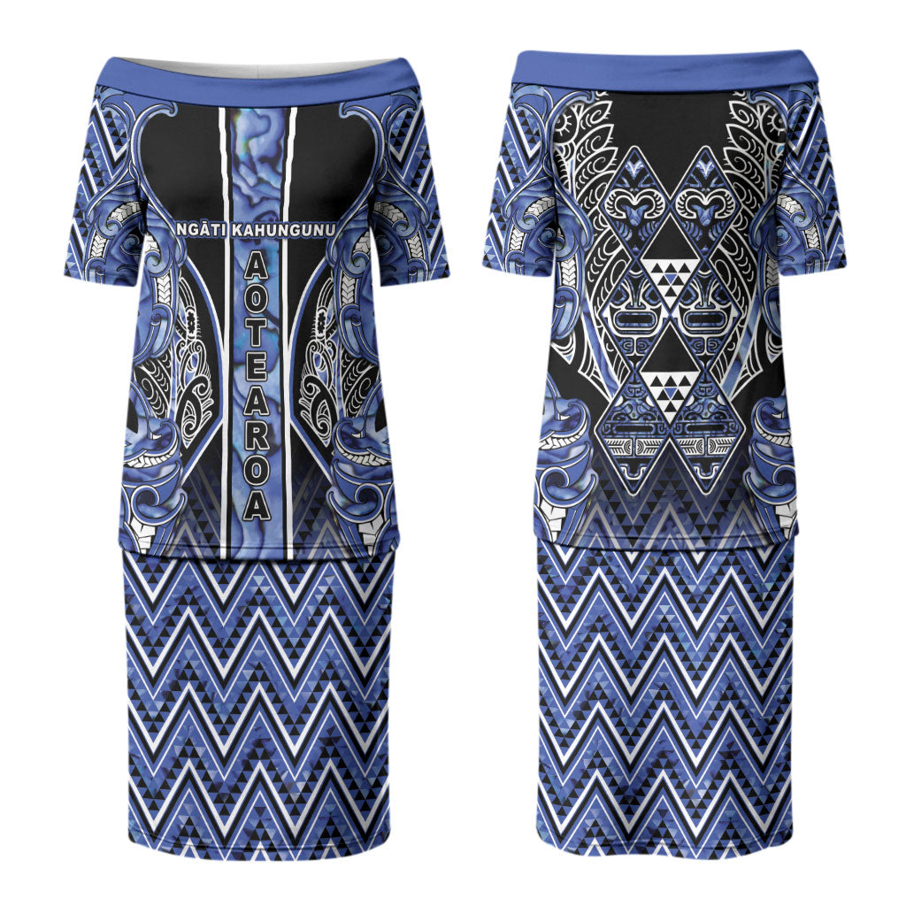 Aotearoa Ngati Kahungunu Family Matching Puletasi and Hawaiian Shirt Maori Tribal Blue Paua Shell Pattern DT05 Mom's Dress Blue - Polynesian Pride