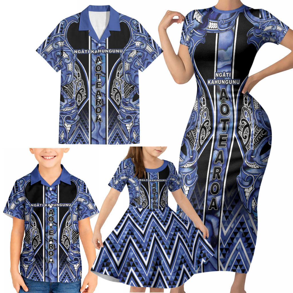 Aotearoa Ngati Kahungunu Family Matching Short Sleeve Bodycon Dress and Hawaiian Shirt Maori Tribal Blue Paua Shell Pattern DT05 - Polynesian Pride