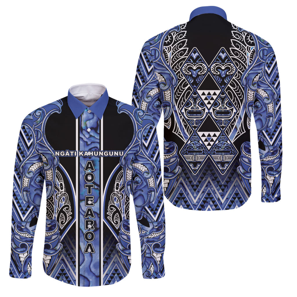 Aotearoa Ngati Kahungunu Family Matching Tank Maxi Dress and Hawaiian Shirt Maori Tribal Blue Paua Shell Pattern DT05 Dad's Shirt - Long Sleeve Blue - Polynesian Pride