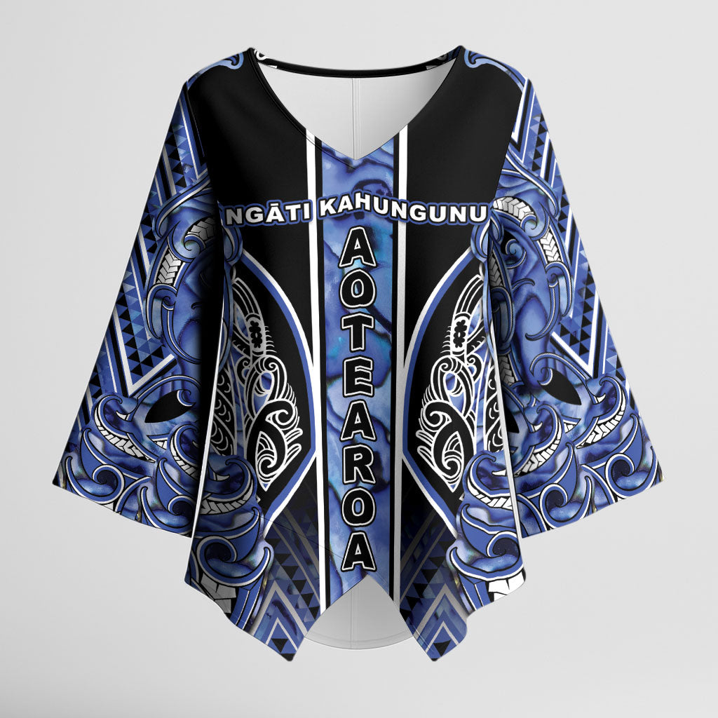 Aotearoa Ngati Kahungunu Kimono Sleeve Blouse Maori Tribal Blue Paua Shell Pattern