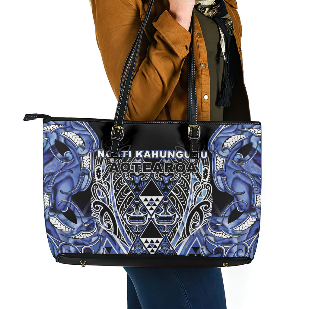 Aotearoa Ngati Kahungunu Leather Tote Bag Maori Tribal Blue Paua Shell Pattern DT05 - Polynesian Pride