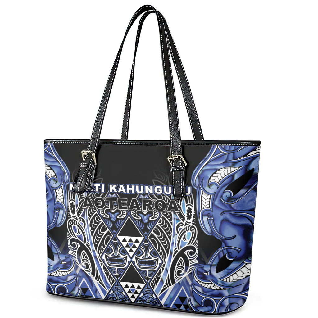 Aotearoa Ngati Kahungunu Leather Tote Bag Maori Tribal Blue Paua Shell Pattern DT05 - Polynesian Pride