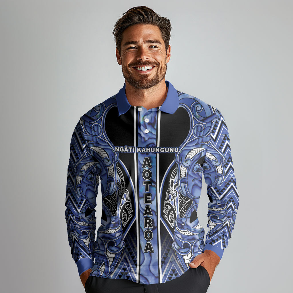 Aotearoa Ngati Kahungunu Long Sleeve Polo Shirt Maori Tribal Blue Paua Shell Pattern DT05 - Polynesian Pride