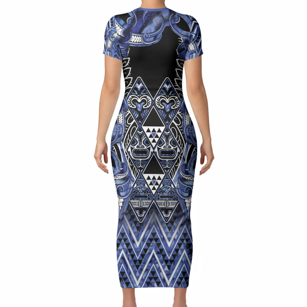 Aotearoa Ngati Kahungunu Short Sleeve Bodycon Dress Maori Tribal Blue Paua Shell Pattern DT05 - Polynesian Pride