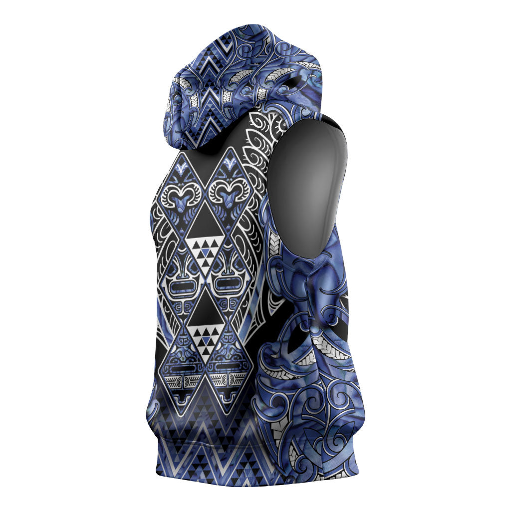 Aotearoa Ngati Kahungunu Sleeveless Hoodie Maori Tribal Blue Paua Shell Pattern DT05 - Polynesian Pride