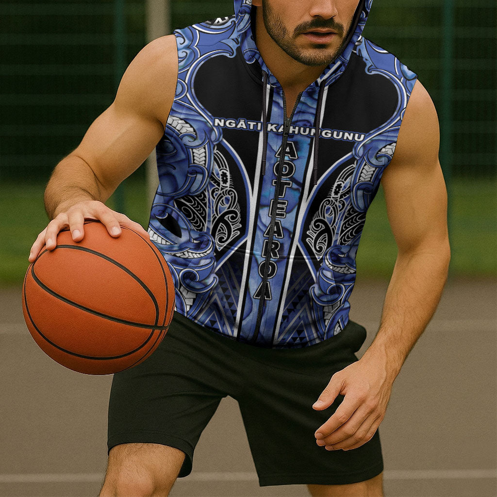Aotearoa Ngati Kahungunu Sleeveless Zip Hoodie Maori Tribal Blue Paua Shell Pattern DT05 - Polynesian Pride