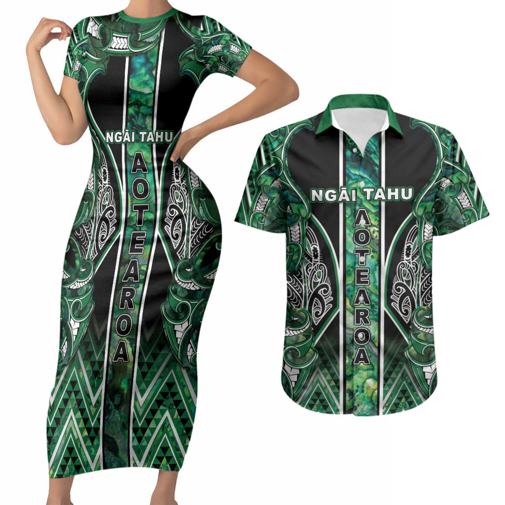 Aotearoa Ngai Tahu Couples Matching Short Sleeve Bodycon Dress and Hawaiian Shirt Maori Tribal Dark Green Paua Shell Pattern DT05 Green - Polynesian Pride