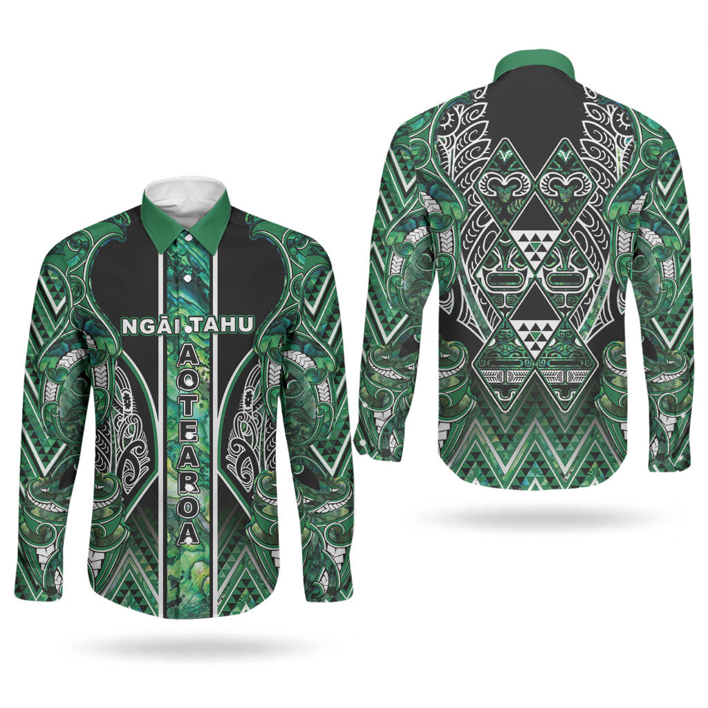 Aotearoa Ngai Tahu Couples Matching Short Sleeve Bodycon Dress and Long Sleeve Button Shirt Maori Tribal Dark Green Paua Shell Pattern DT05 - Polynesian Pride