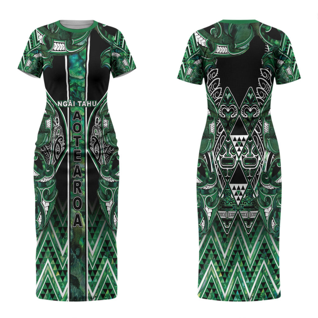 Aotearoa Ngai Tahu Couples Matching Short Sleeve Bodycon Dress and Long Sleeve Button Shirt Maori Tribal Dark Green Paua Shell Pattern DT05 - Polynesian Pride