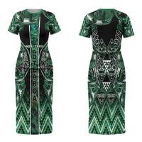 Aotearoa Ngai Tahu Couples Matching Short Sleeve Bodycon Dress and Long Sleeve Button Shirt Maori Tribal Dark Green Paua Shell Pattern DT05 - Polynesian Pride