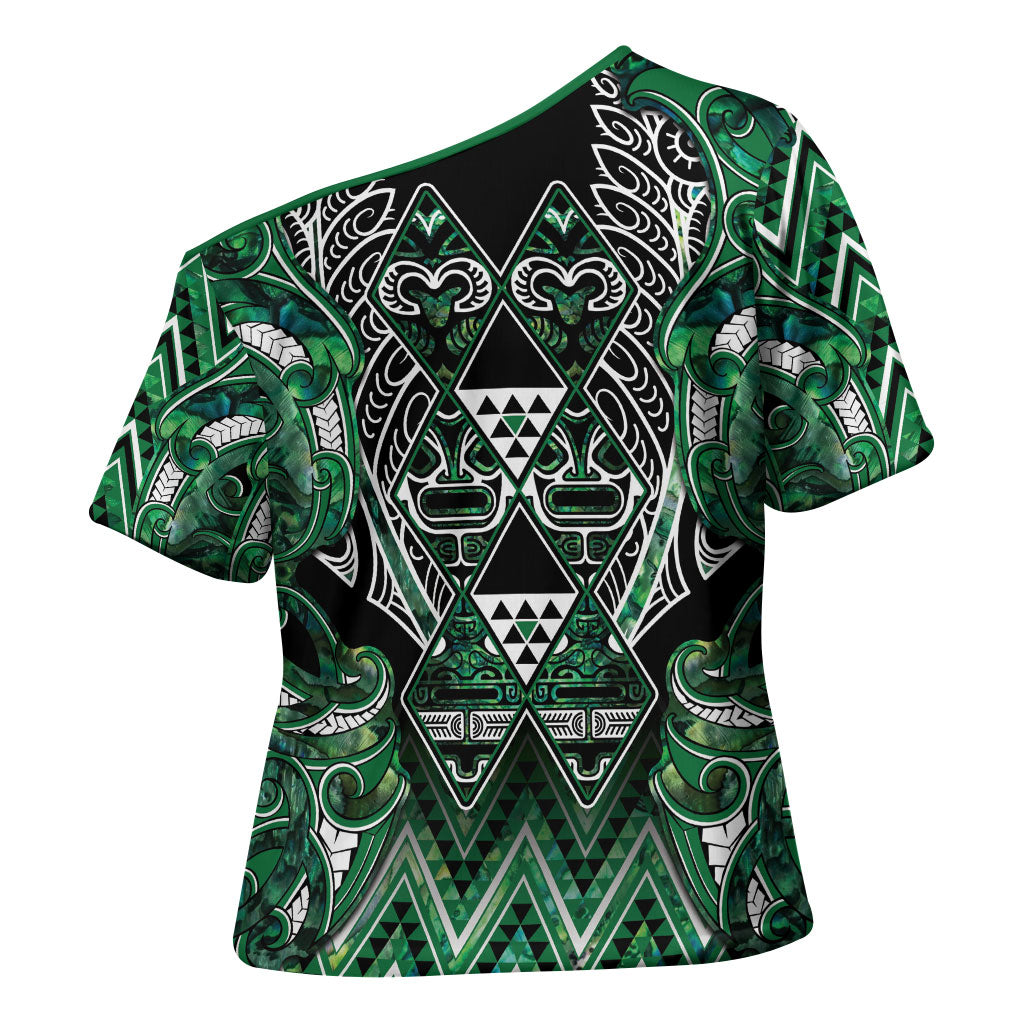 Aotearoa Ngai Tahu Cross Shoulder Shirt Maori Tribal Dark Green Paua Shell Pattern DT05 - Polynesian Pride