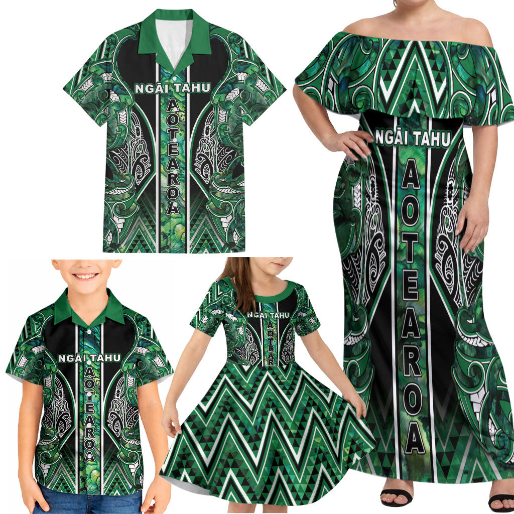 Aotearoa Ngai Tahu Family Matching Off Shoulder Maxi Dress and Hawaiian Shirt Maori Tribal Dark Green Paua Shell Pattern DT05 - Polynesian Pride