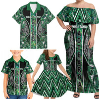 Aotearoa Ngai Tahu Family Matching Off Shoulder Maxi Dress and Hawaiian Shirt Maori Tribal Dark Green Paua Shell Pattern DT05 - Polynesian Pride