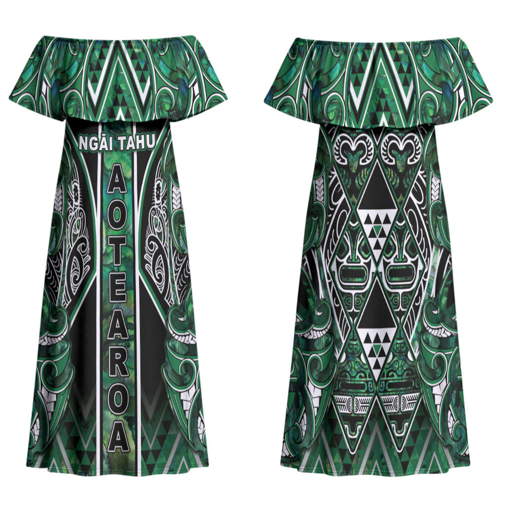 Aotearoa Ngai Tahu Family Matching Off Shoulder Maxi Dress and Hawaiian Shirt Maori Tribal Dark Green Paua Shell Pattern DT05 Mom's Dress Green - Polynesian Pride