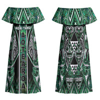 Aotearoa Ngai Tahu Family Matching Off Shoulder Maxi Dress and Hawaiian Shirt Maori Tribal Dark Green Paua Shell Pattern DT05 Mom's Dress Green - Polynesian Pride