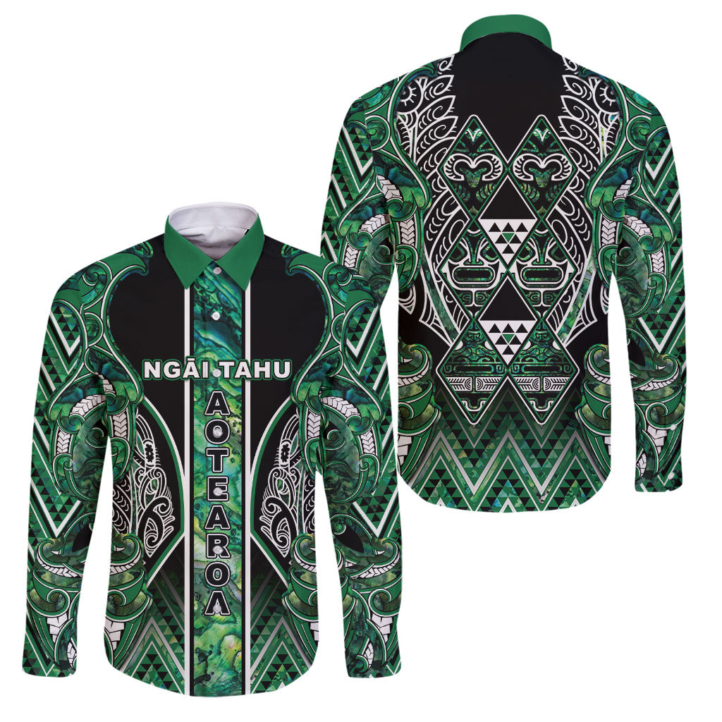 Aotearoa Ngai Tahu Family Matching Off Shoulder Maxi Dress and Hawaiian Shirt Maori Tribal Dark Green Paua Shell Pattern DT05 Dad's Shirt - Long Sleeve Green - Polynesian Pride