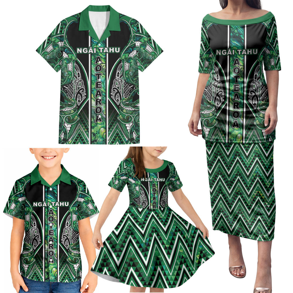 Aotearoa Ngai Tahu Family Matching Puletasi and Hawaiian Shirt Maori Tribal Dark Green Paua Shell Pattern DT05 - Polynesian Pride