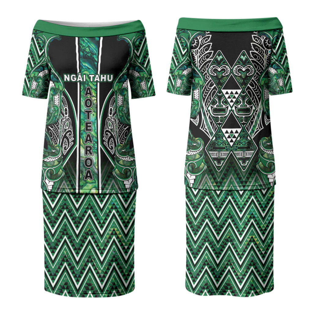 Aotearoa Ngai Tahu Family Matching Puletasi and Hawaiian Shirt Maori Tribal Dark Green Paua Shell Pattern DT05 Mom's Dress Green - Polynesian Pride
