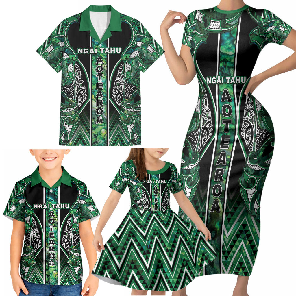 Aotearoa Ngai Tahu Family Matching Short Sleeve Bodycon Dress and Hawaiian Shirt Maori Tribal Dark Green Paua Shell Pattern DT05 - Polynesian Pride