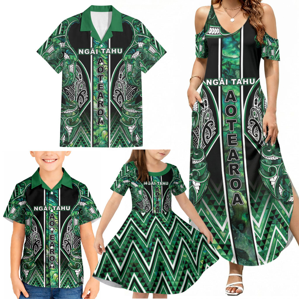 Aotearoa Ngai Tahu Family Matching Summer Maxi Dress and Hawaiian Shirt Maori Tribal Dark Green Paua Shell Pattern DT05 - Polynesian Pride