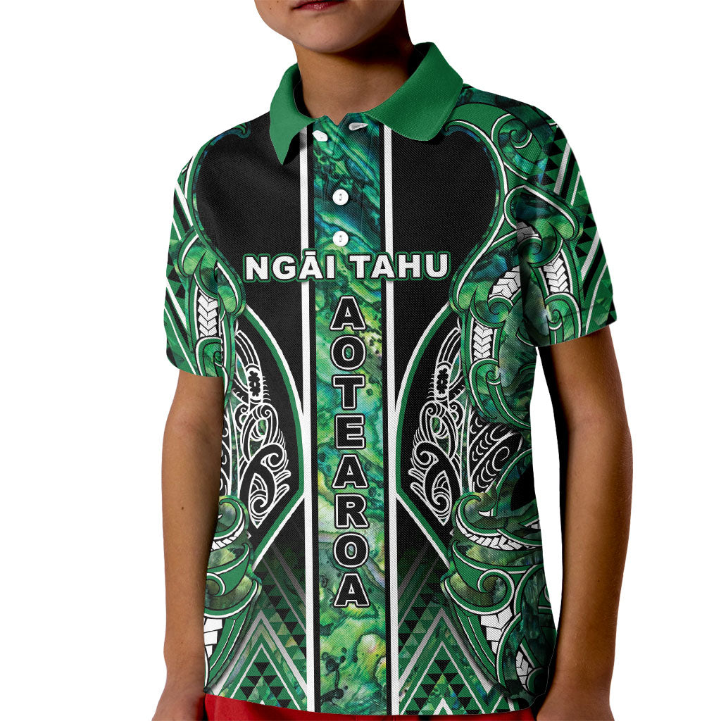 Aotearoa Ngai Tahu Kid Polo Shirt Maori Tribal Dark Green Paua Shell Pattern