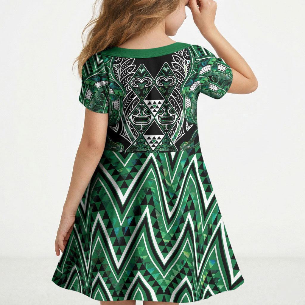 Aotearoa Ngai Tahu Kid Short Sleeve Dress Maori Tribal Dark Green Paua Shell Pattern DT05 - Polynesian Pride