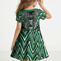 Aotearoa Ngai Tahu Kid Short Sleeve Dress Maori Tribal Dark Green Paua Shell Pattern DT05 - Polynesian Pride