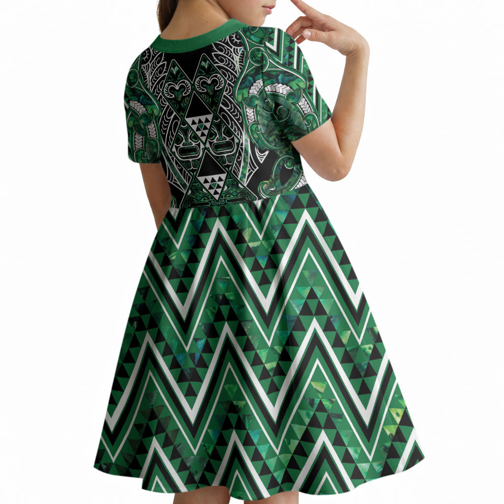 Aotearoa Ngai Tahu Kid Short Sleeve Dress Maori Tribal Dark Green Paua Shell Pattern DT05 - Polynesian Pride