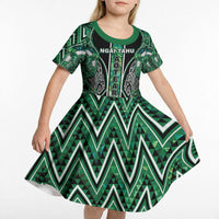 Aotearoa Ngai Tahu Kid Short Sleeve Dress Maori Tribal Dark Green Paua Shell Pattern DT05 - Polynesian Pride