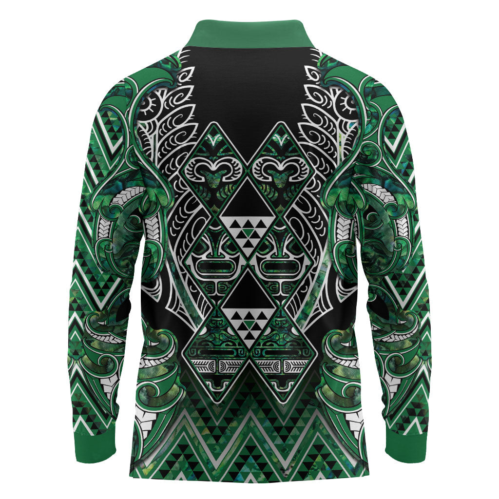 Aotearoa Ngai Tahu Long Sleeve Polo Shirt Maori Tribal Dark Green Paua Shell Pattern DT05 - Polynesian Pride